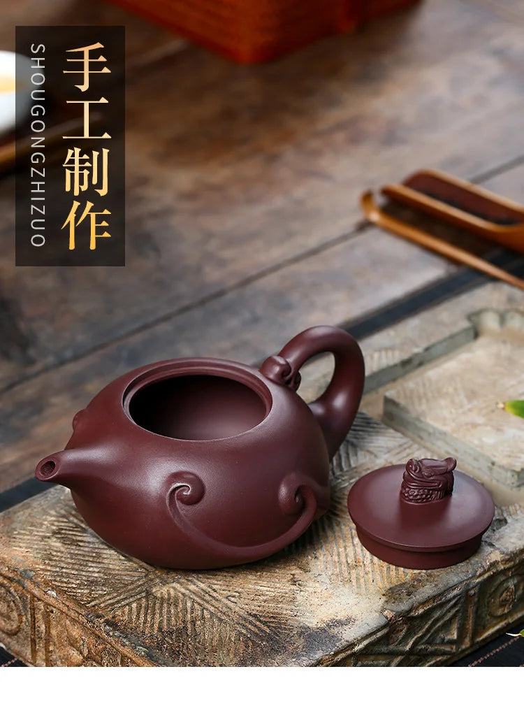 Handmade Longying Teapot, Purple Clay, Sand Pot, Pure Handmade, Large Capacity, Tea Set, Zisha, Yixing Handmade Drinkware, 420ml