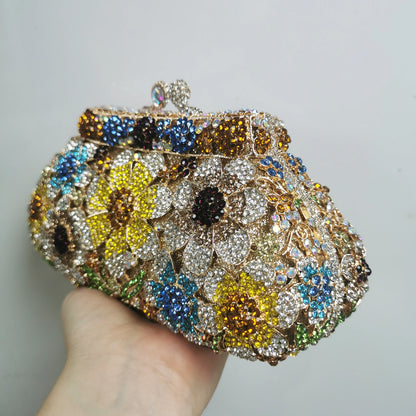 Woman Purple Silver Gold Multicolores Diamond Handbag Flower Floral Crystal Wedding Bridal Romantic Bag Party Dinner Gala Purse