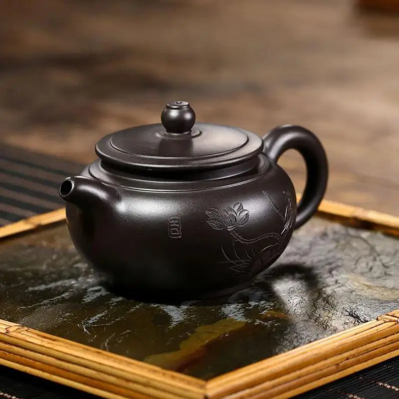 Zisha Teapot Yixing Handmade Pot, Kung-Fu Teaware, Purple Clay Drinkware for Puer Green Black Chinese Tea, Black Vermilion Clay