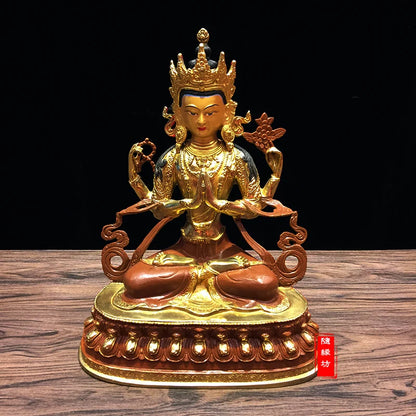 30CM large -GOOD ---Buddhist Buddhism home family efficacious Protection brass Four arm Guanyin gold Gold-plated Buddha  statue