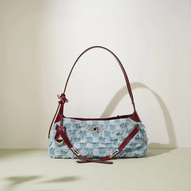 Genuine leather denim 2024 new high-end single shoulder bag, fashionable commuting tote bag