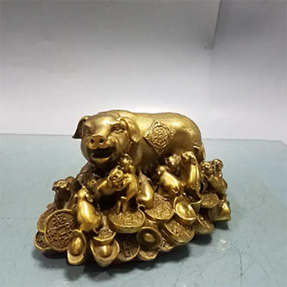 8" Folk China FengShui Brass Money Auspicious Rich Coin Bag Zodiac Dragon Statue