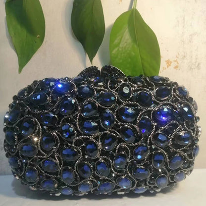 Woman Dard Blue Crystal Dinner Evening Bag New Arrival Hollow Diamond Party Purse Wedding Bridal Banquet Birthday Prom Handbag