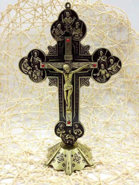 TOP GOOD Christianism Catholicism Jesus Christ on Cross Crucifixion Twelve Saints Praying art holy statue--