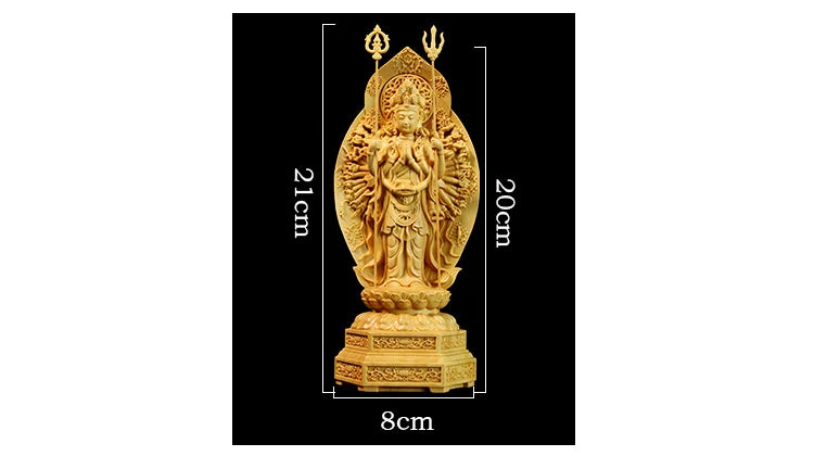 20cm Boxwood Carving Feng Shui Sculpture Home Decor Solid Wood Buddha Statue Thousand-Hand Guanyin Home Decor