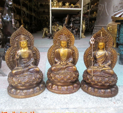 3P--Buddhism home efficacious Protection-Three saints Buddha Ksitigarbha Avalokitesvara Amitabha Lotus Buddha gold copper statue