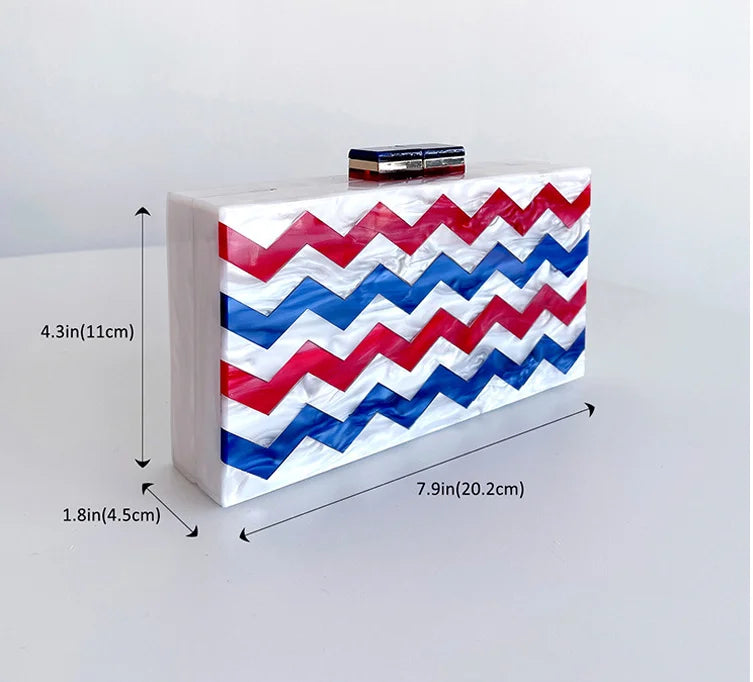 Wavely Acrylic Red Blue White Wedding Bridal Toted Handbag Woman Dinner Gala Gift Clutch Purse Fashion Banqeut Party Evening Bag