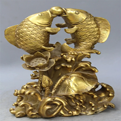 Lucky Chinese Pure Brass Two Fish Play Ball On Auspicious Lotus Leaf Statue