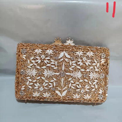 Woman Vintage Gold Flower Diamond Evening Purse Bridal Dinner Prom Floral Handbag Wedding Party Crystal Stone Female Clutch Bag