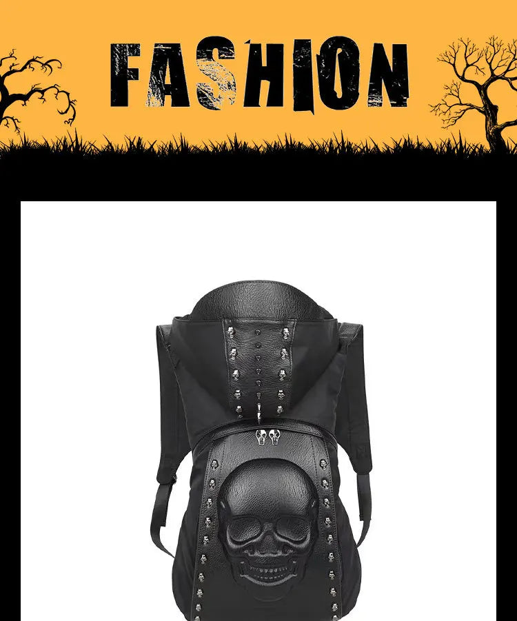 Hooded Backpack Halloween Skull Punk Rivet Bag PU Leather Bag Embossed 3D Skull Backpacks with Hood Cap