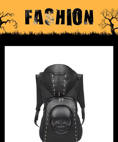 Hooded Backpack Halloween Skull Punk Rivet Bag PU Leather Bag Embossed 3D Skull Backpacks with Hood Cap