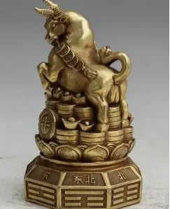 8" Chinese Brass Folk Wealth Feng Shui Zodiac Year Bull Oxen Statue sculpture