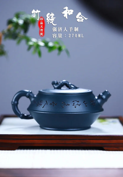 Yixing Handmade Purple Clay Pot Collection Day Blue Mash Easy-to-Pack Pulp Certificate Full Bamboo Line Combined with Water