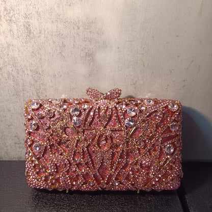 Women Hollow Out Pink Flower Diamond Handbag Crystal Dinner Party Female Clutch Purse Wedding Bridal Rhinestone Gala Evening Bag