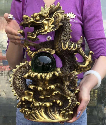 Lage Good LUCK Auspicious wealth dragon Crystal ball Luck Feng Shui talisman brass Sculpture statue Home office Decor ART