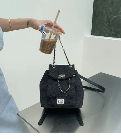 Women's 2024new Denim Ringer Chain Small Backpack Large Capacity Lock Portable Bag Fashionable Travel Commuting Fashion
