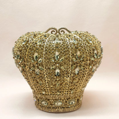 Woman Gold AB Diamond Crown Cocktail Prom Evening Purse Bridal Birthday Dinner Handmade Handbag Crystal Wedding Party Clutch Bag