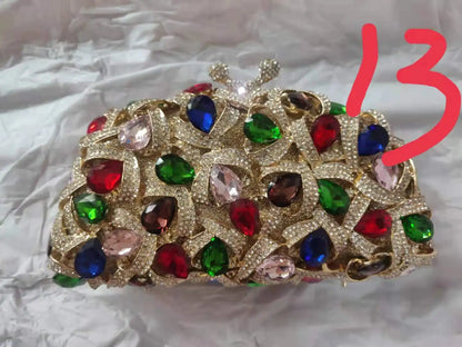 Woman Red Gold Multicolored Diamond Clutch Banquet Evening Purse Wedding Bridal Bag Birthday Party Hollow Out Crystal Handbag
