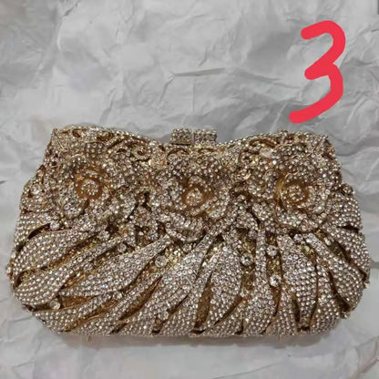 Woman Gold Pink Champagne Diamond Clutch Flower Shape Hollow Out Evening Purse Wedding Bridal Floral Bag Party Crystal Handbag