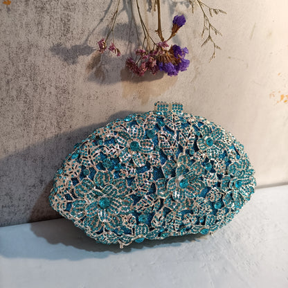 Blue Flower Shinny Crystal Floral Purse Woman Formal Dinner Bling Diamond Gala Evening Bag Wedding Bridal Party Gift Handbag