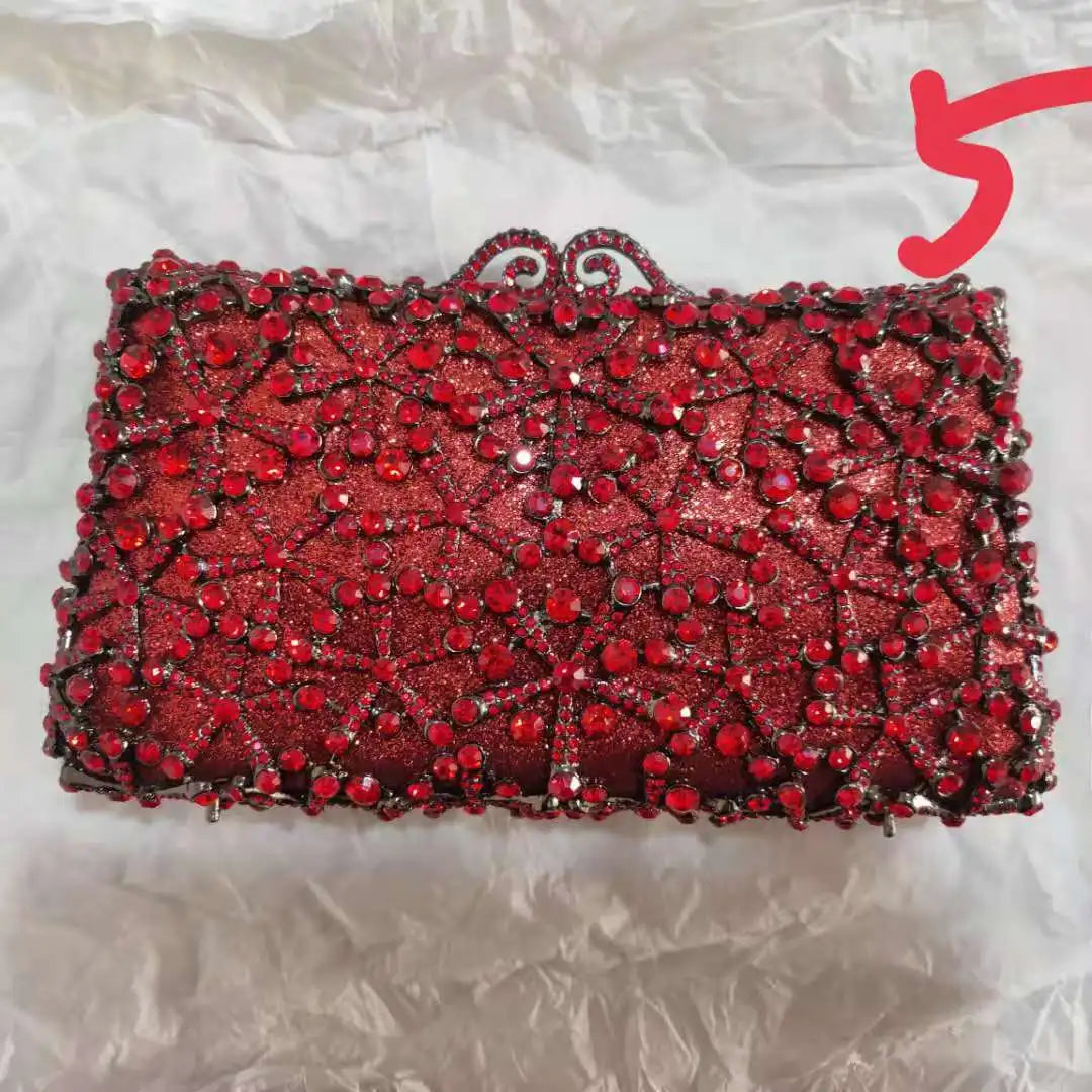 Woman Hollow Out White Red Diamond Gold Evening Purse Bridal Dinner Prom Flower Handbag Wedding Party Crystal Floral Banquet Bag