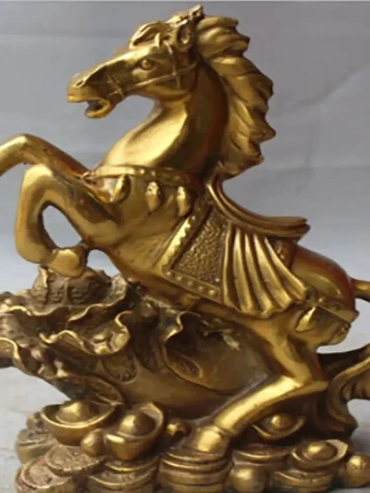 8inch Chinese Bronze FengShui Wealth Zodiac Animal Success Horse YuanBao Statue