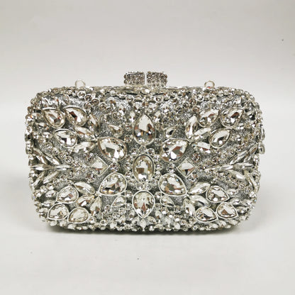 New Silver Flower Dinner Bags Woman Wedding Bridal Crystal Evening Purse Diamond Crystal Floral Handbag Metal Rhinestone Clutch