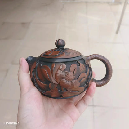 Jianshui Purple Clay Pure Handmade Lotus Xishi Full Carving Tea Pot(Not Yixing Zisha) Kung Fu Tea Set Drinkware Tea Ceremony