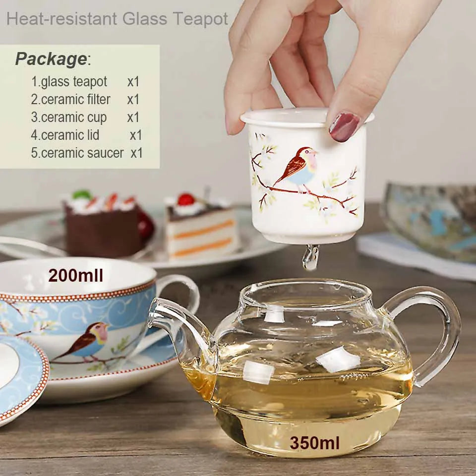 Flower Tea Pot Ceramic Teacup Saucer Heat Resistant Glass Teapot Filter Porcelain Office Coffee Cup Mug Afternoon Tea Set