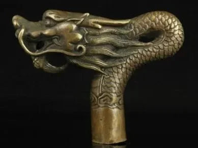 100% bronze Pure Copper Brass old Grandpa Good Lucky Walking Stick Head China Old Handwork Carving Bronze Dragon