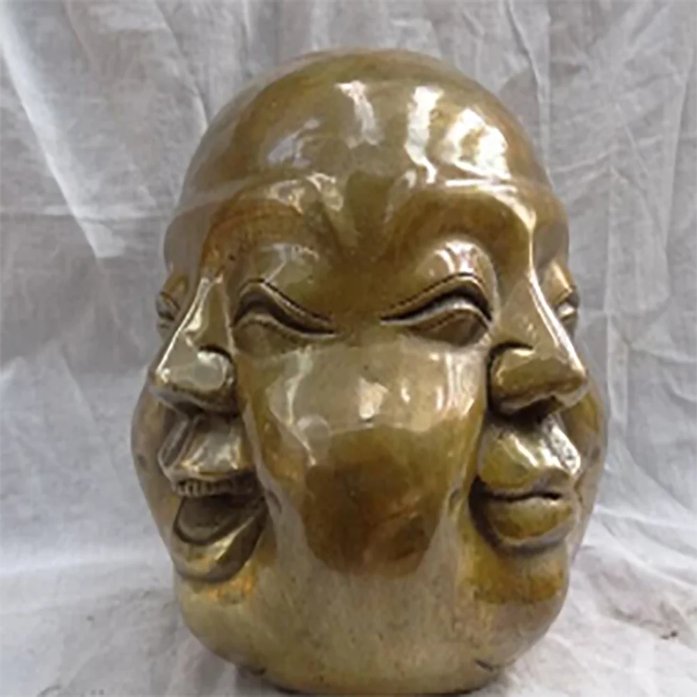 9CM China Chinese Bronze Copper Buddhism Happy 4 Face Maitreya Buddha Head Statue unicornio garden decoration