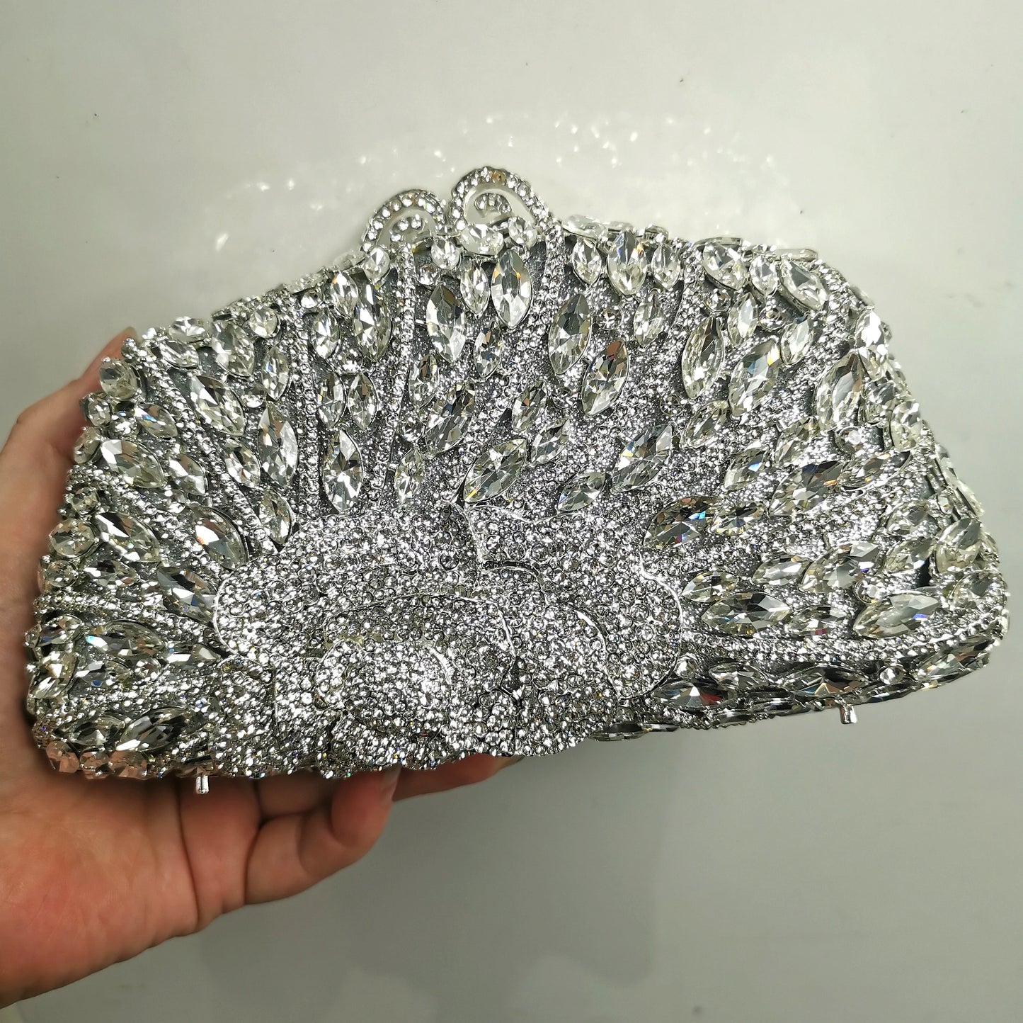 Woman Champagne Purple Silver Diamond Hollow Out Flower Purse Bridal Dinner Floral Gift Handbag Crystal Wedding Party Clutch Bag