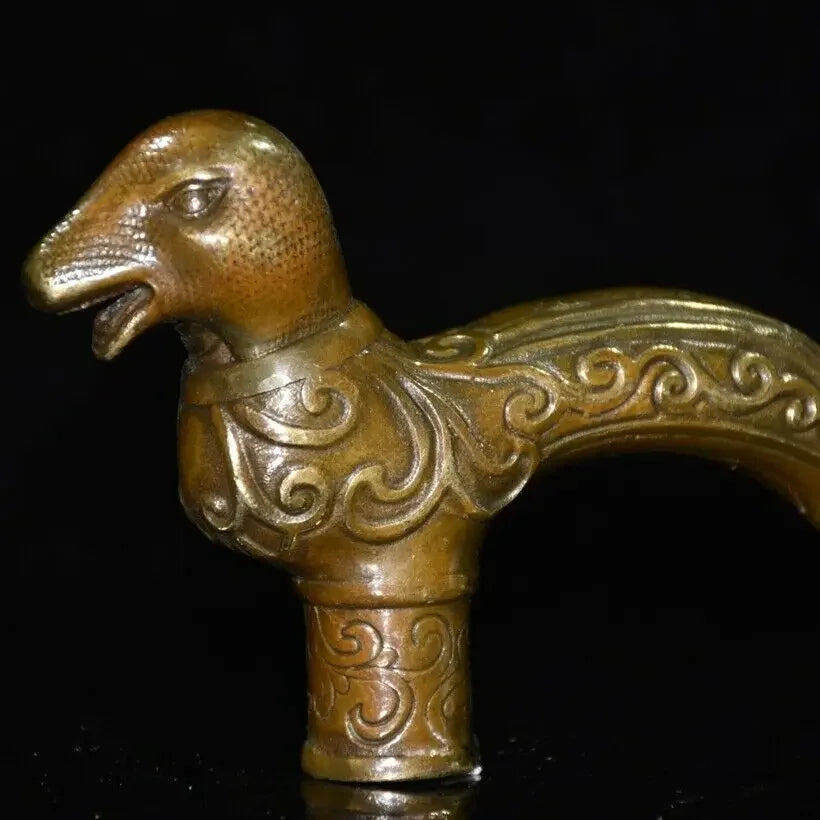 Exquisite Old Chinese Brass Copper Handmade Snake Head Crutch Head Statue 6159