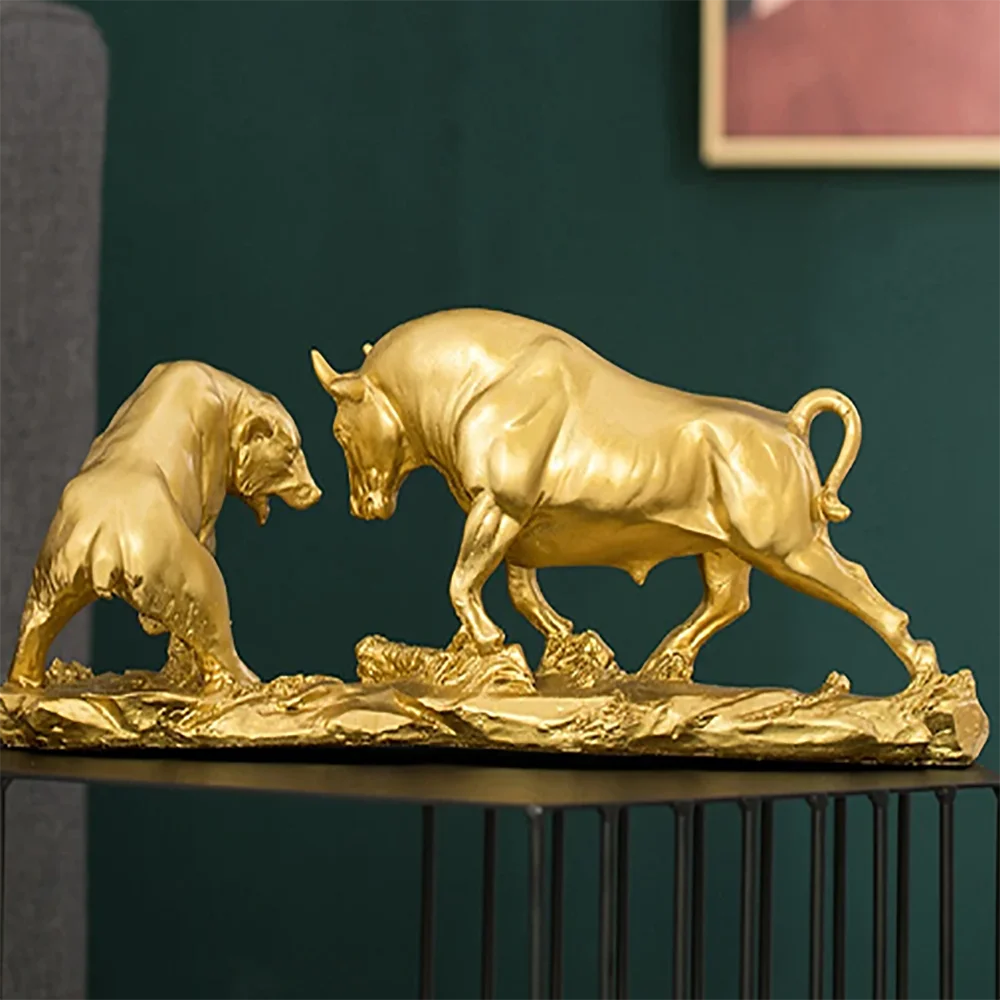 Nordic Luxury Gilded Ox Bear Sculpture Animal Statue Retro Resin Office Living Room Bedroom Home Decoration Accessories