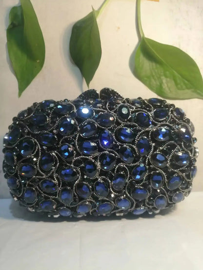 Woman Dard Blue Crystal Dinner Evening Bag New Arrival Hollow Diamond Party Purse Wedding Bridal Banquet Birthday Prom Handbag