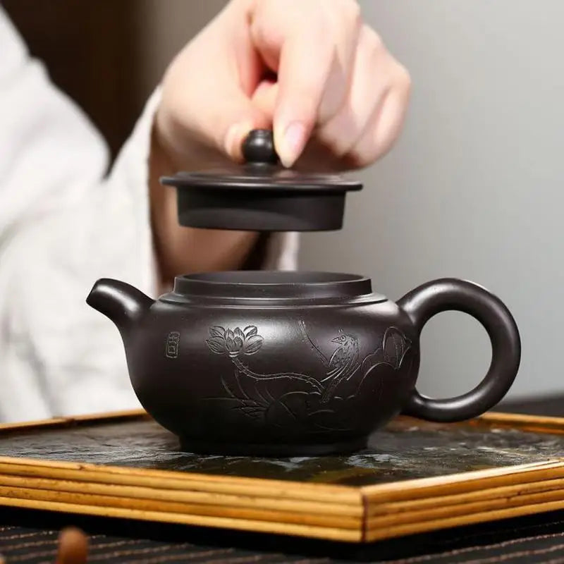 Zisha Teapot Yixing Handmade Pot, Kung-Fu Teaware, Purple Clay Drinkware for Puer Green Black Chinese Tea, Black Vermilion Clay