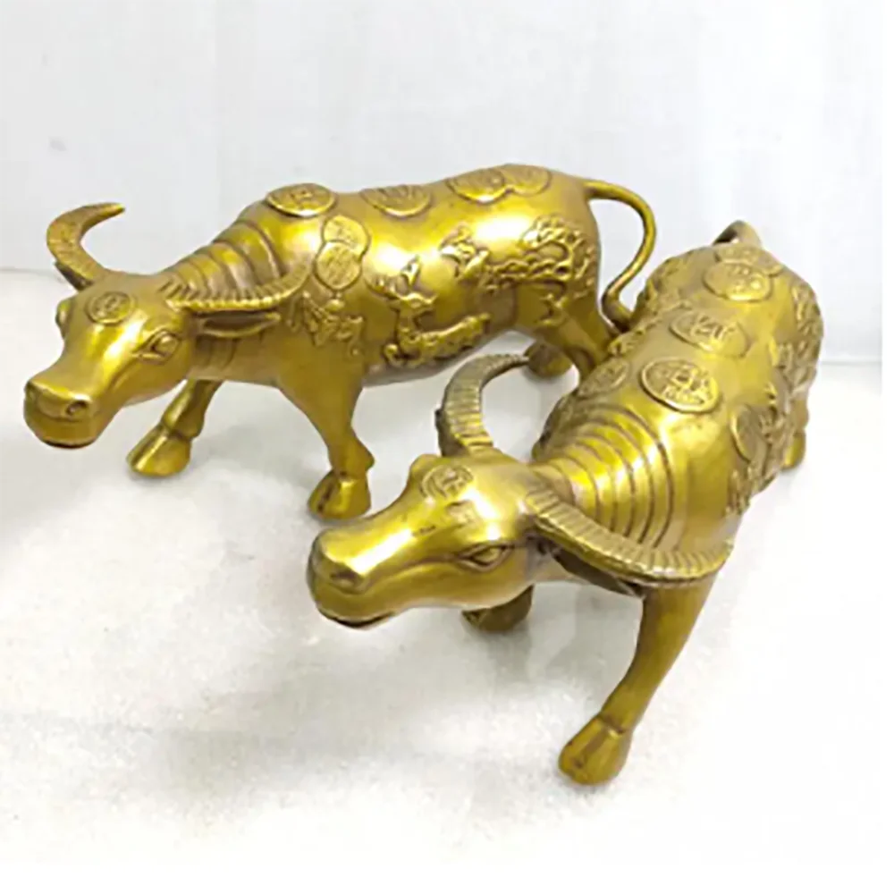 China brass recruit wealth cow crafts statue A pair
