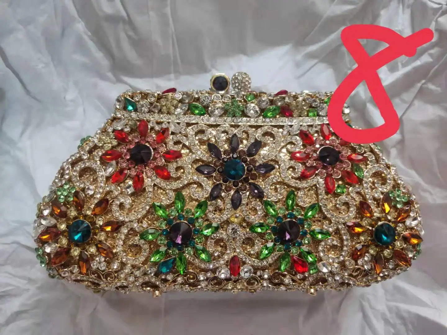 Woman Gold Multicolored Diamond Clutch Evening Purse Wedding Bridal Rhinestone Cocktail Flower Bag Party Floral Crystal Handbag
