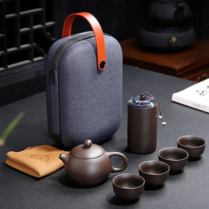 zi sha Kuai Ke Cup tea pot set Chinese portable Chinese tea cups teapot Clay set tea ceremony camping  4 cups Travel tea set