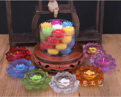 A SET # Asia HOME family Protection Talisman Worship censer 7 Color Glaze crystal Lotus saintly temple Holy Lotus flower lamp