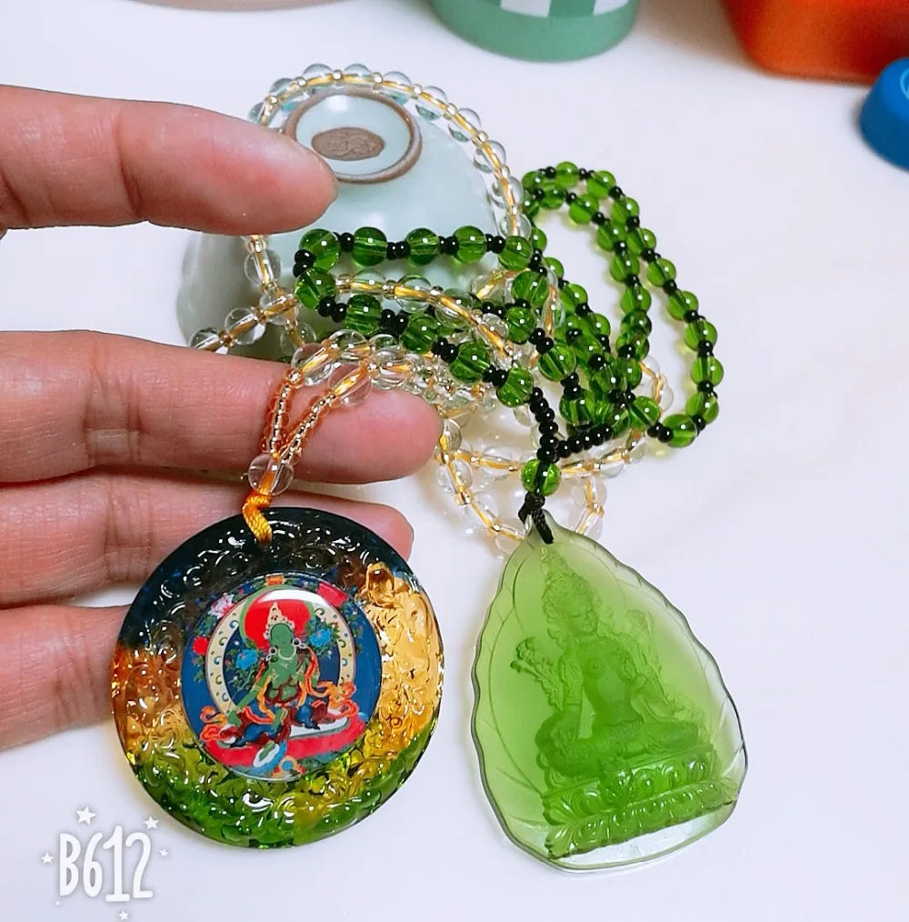 2PCS GOOD Buddhist supplies Greco-Buddhist pocket travel efficacious talisman Green Tara Buddha Crystal Mantra Pendant Amulet