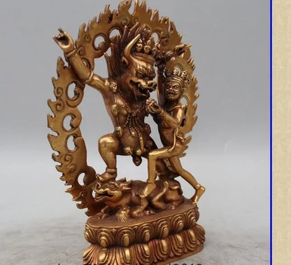 Copper crafts decoration bronze factory 9" Old Tibet Buddhism Bronze Gilt Ox Head Mandkesvara Yab-Yum Buddha Statue