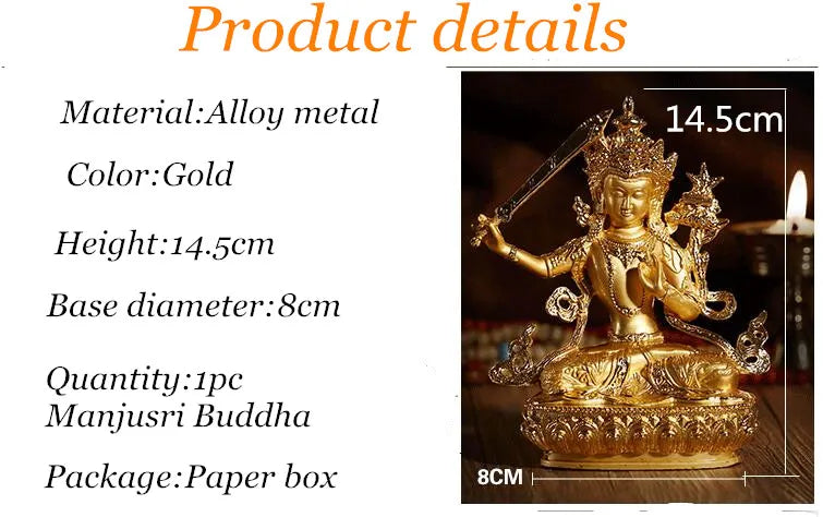Tranic Efficacious Bodhisattva Manjusri Gilding Gold Buddha Alloy Metal Buddhist Suppliers Home/ Office Decorate Statue Craft
