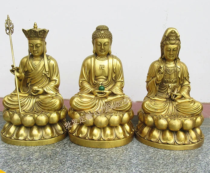 A SET 3p-large HOME SHOP Temple Lobby  efficacious Protection GOOD luck Lotus Guanyin ksitigarbha Sakyamuni Buddha brass statue