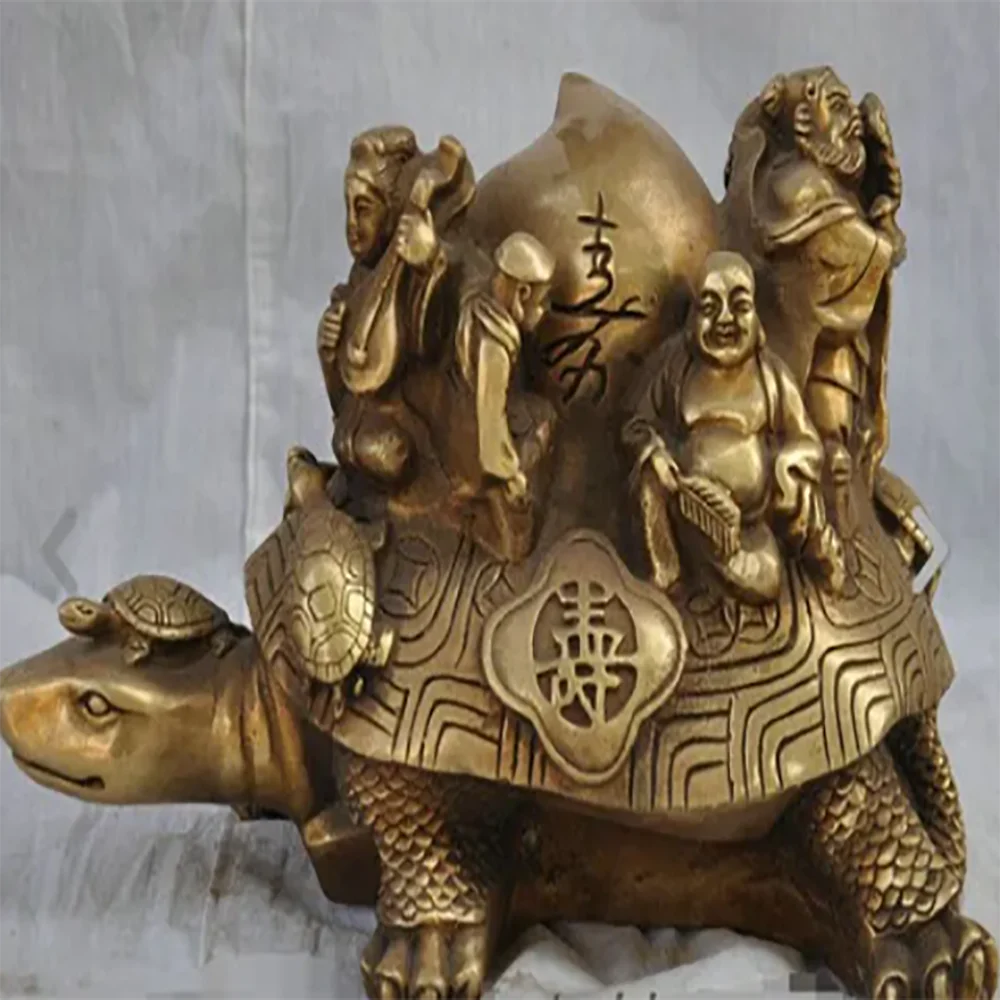 10" Chinese Brass Immortal BaXianGuoHai 8 God Shou Peach On Shou Turtle Statue