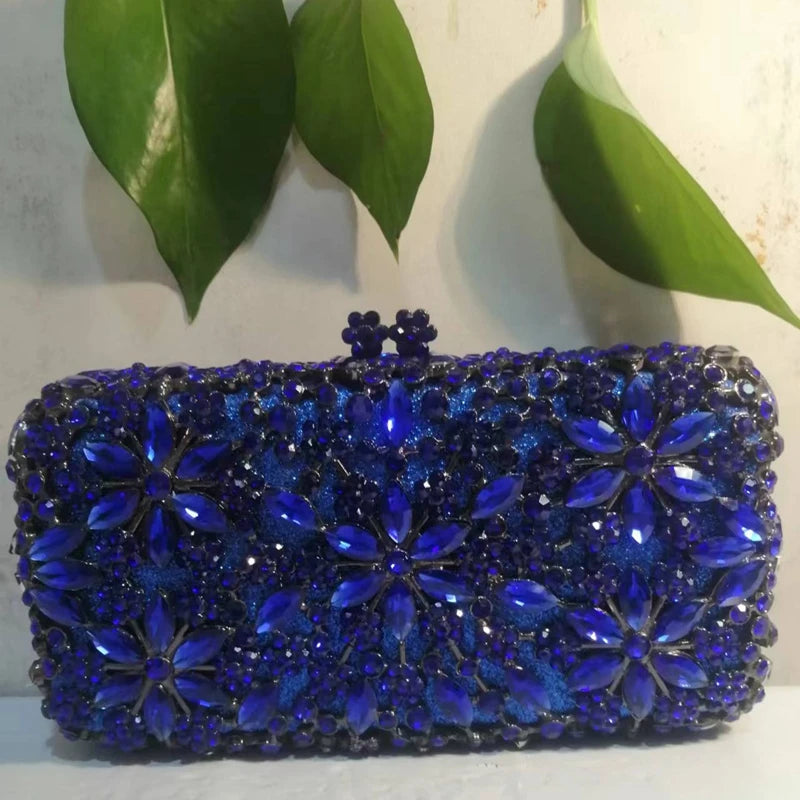 Hollow Out Blue Crystal Floral Purse Woman Flower Banquet Evening Bag Diamond Prom Dinner Clutches Wedding Bridal Party Handbag