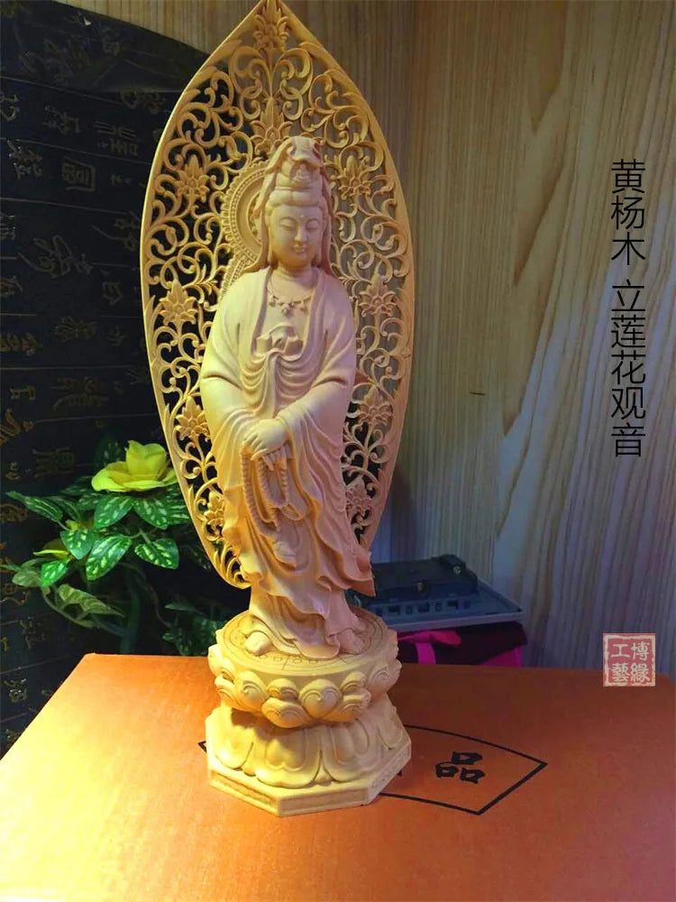 27CM Large --HOME family protection # TOP Handmade Yellow Boxwood carving Lotus Guanyin GOOD Buddha statue art Ornament