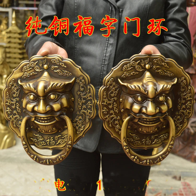 A pair # LARGE # HOME Courtyard gate TOP decoration exorcise evil spirits FENG SHUI brass lions Door handle