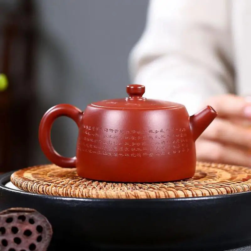 Hand-carved Heart Sutra Well Barrel Pot, Zisha Teapot, Yixing Handmade Pot, Kung-Fu Teaware, Purple Clay Drinkware for Puer