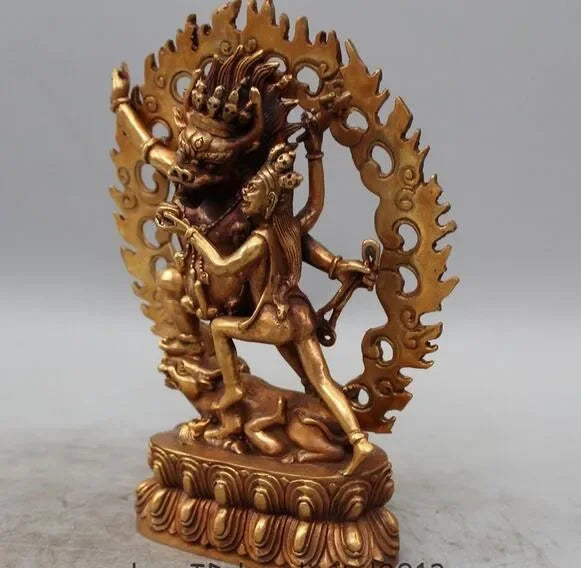 Copper crafts decoration bronze factory 9" Old Tibet Buddhism Bronze Gilt Ox Head Mandkesvara Yab-Yum Buddha Statue